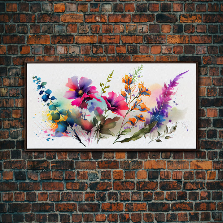 Pink Wild Flowers Wall Art, Framed Canvas Print, Mother's Day, Gift For Mom, Farmhouse Decor, Rustic Watercolor Painting White Background