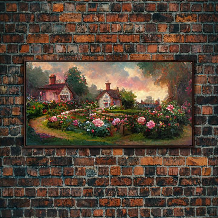 English cottage with rose garden, canvas print, cute English countryside wall art