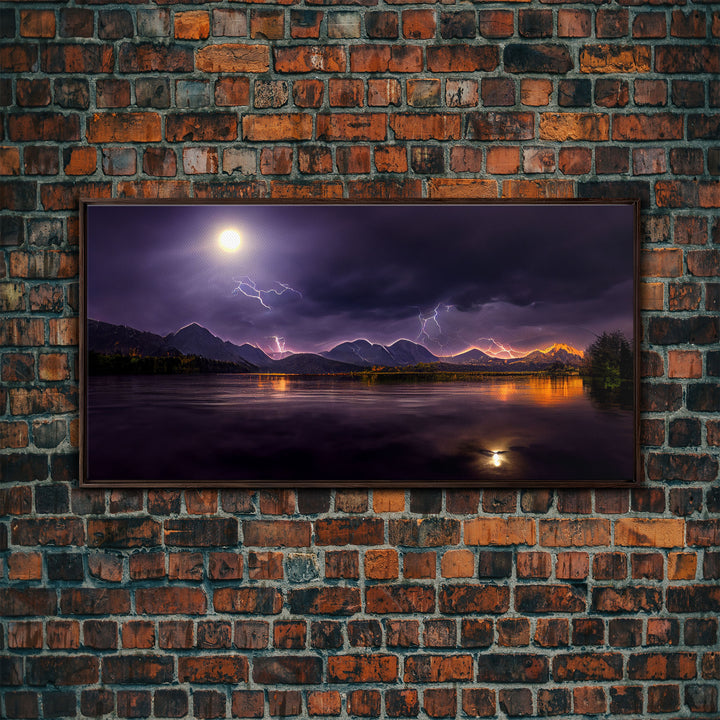 Full moon canvas print, Lightning storm over a mountain lake at night, cool wall art, awesome wall art