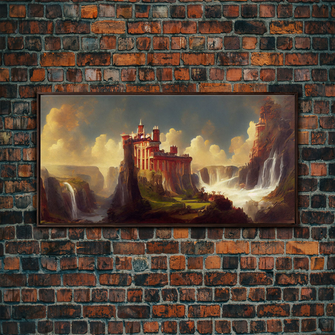 Fantasy wall art, canvas print, castle in the sky, castle atop mountains and waterfalls, watercolor