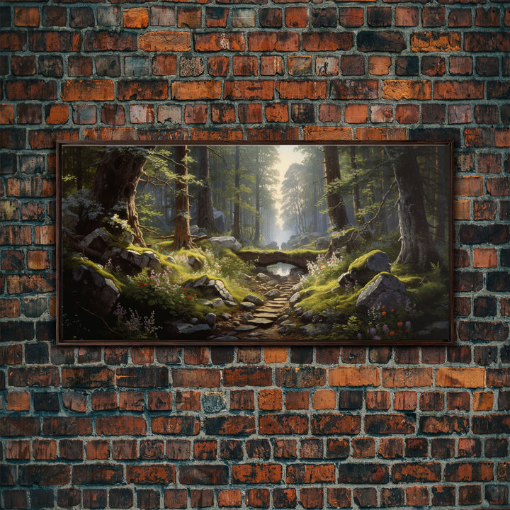 SlightlyScorched Framed Canvas Print Emerald Green Fantasy Forest, Mountain Forest Lake Landscape Minimalist Modern Art Nature Wall Decor