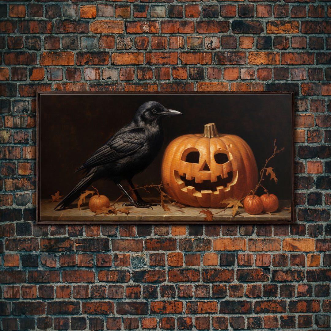 Spooky Crow Print, The Raven and The Jack O Lantern, Halloween Wall Art, Victorian Oil Painting