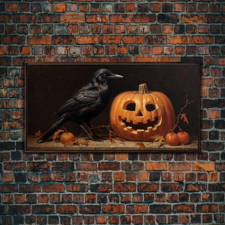 Spooky Crow Print, The Raven and The Jack O Lantern, Halloween Wall Art, Victorian Oil Painting