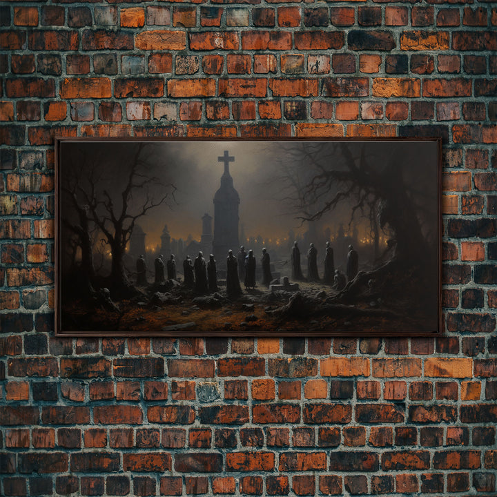 The Haunted Cemetery, Moody and Gloomy Art, Framed Canvas or Poster, Victorian Oil Painting, Dark Academia, Graveyard At Midnight