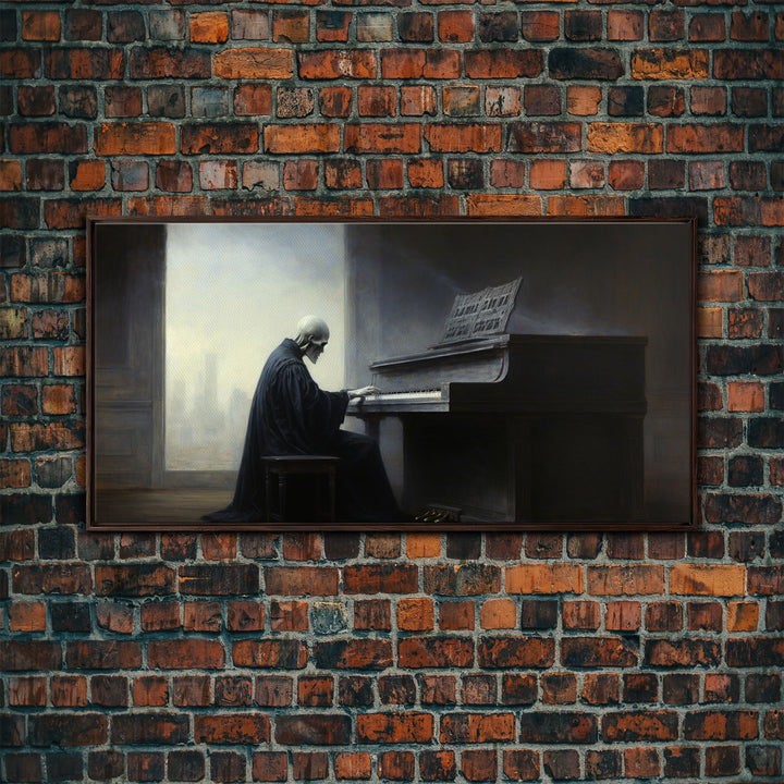 Grim Reaper Playing The Piano, Framed Canvas Print, Cool Halloween Decor, Wild West Themed Halloween Art