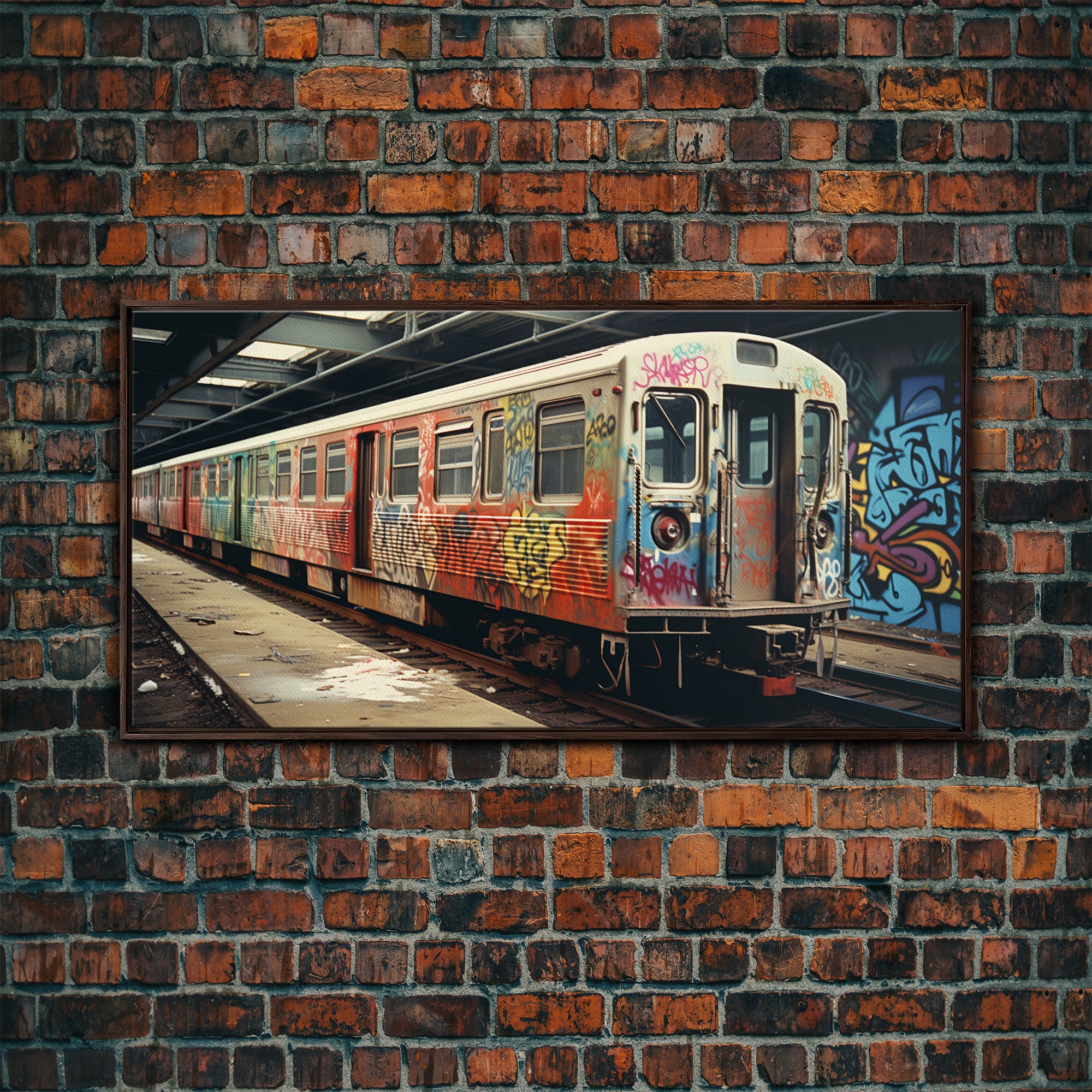 Graffiti Art On A Subway Train, Framed Canvas Print, Urban Decay