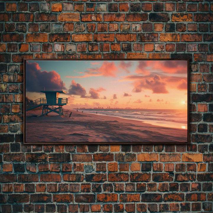 Beach At Sunset Vaporwave Decor, Nautical Framed Canvas Print, Eclectic Retro Wall Art, 1980s Vibes Decor, Vintage Photography, Liminal Art
