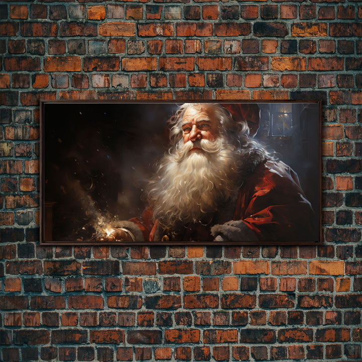 Santa Claus Burning The Midnight Oil - Framed Canvas Print - Christmas Santa Art - Xmas Decor Poster - Vintage Xmas Holiday Art Print