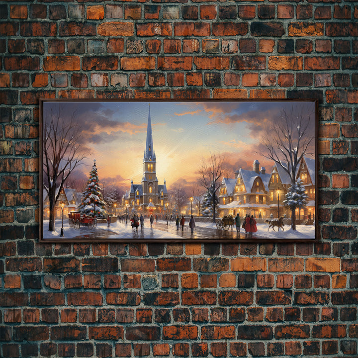 Christmas Centerpiece Wall Art - Framed Canvas Print - Winter Wonderland Victorian Village Decorated for Christmas Canvas Wall Art - Vintage