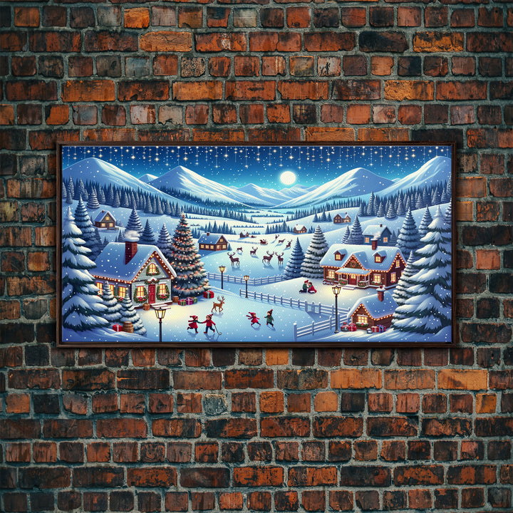 Cute Christmas Village Centerpiece Wall Art - Framed Canvas Print - Winter Wonderland Decorated for Christmas Canvas Wall Art - Vintage Xmas