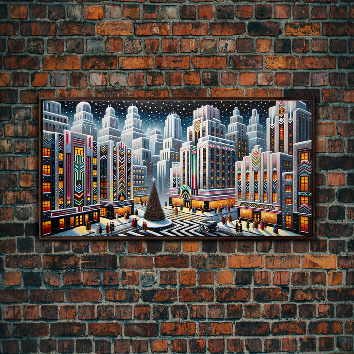 Vintage Style Art Deco Christmas Village | Framed Canvas Print | Winter Centerpiece | Retro Christmas Art | Vintage Christmas Decor