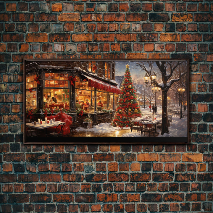 Retro 50s Diner Decorated For Christmas, Framed Canvas Print, Christmas Wall Art, Christmas Decor, Mom Christmas Gift, Christmas Village