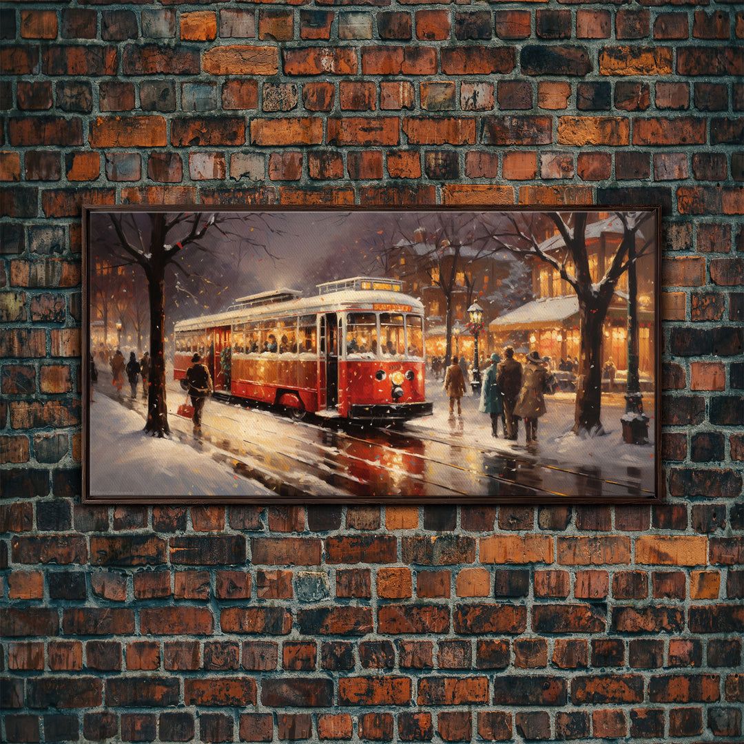 Retro Red Trolley Car Decorated For Christmas, Framed Canvas Print, Christmas Wall Art, Christmas Decor Mom Christmas Gift Christmas Village