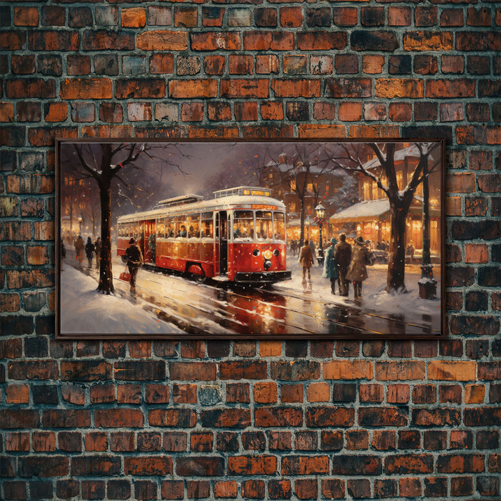 Retro Red Trolley Car Decorated For Christmas, Framed Canvas Print, Christmas Wall Art, Christmas Decor Mom Christmas Gift Christmas Village