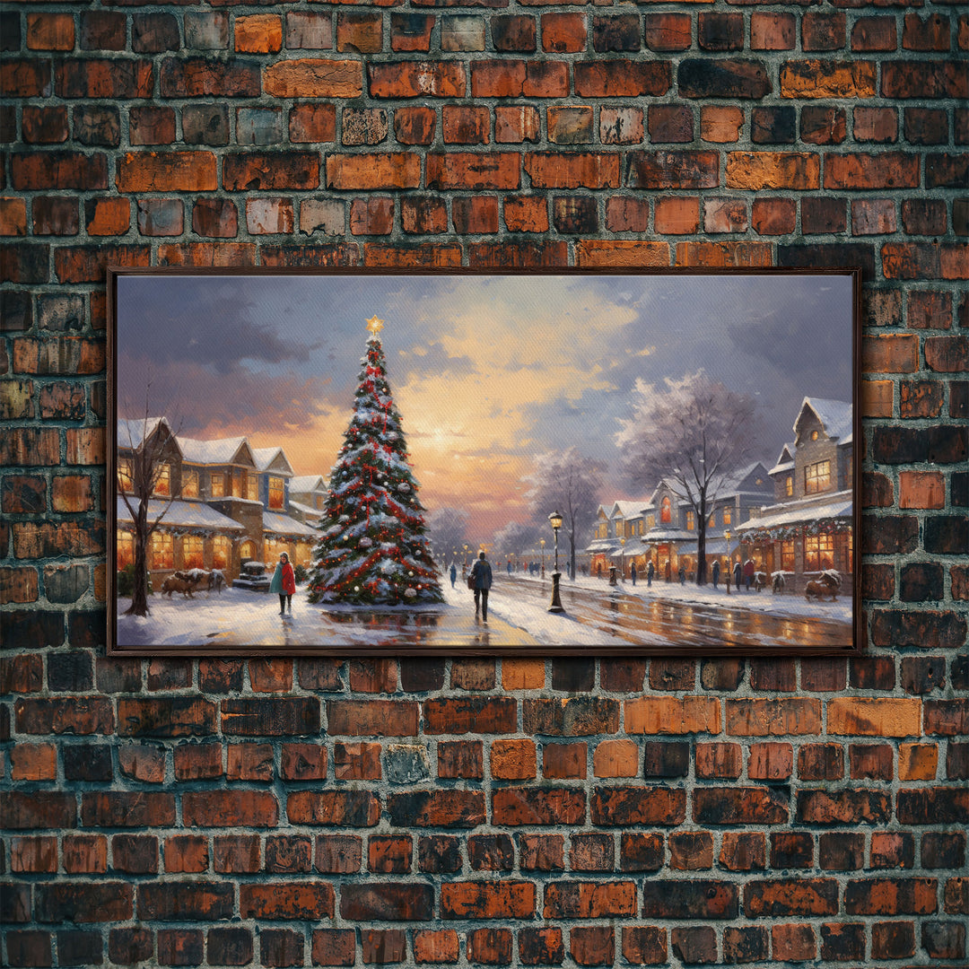 Cute Christmas Decor, Christmas Wall Art, Vintage Winter Wonderland Christmas Village Oil Painting Canvas Print, Framed Wall Art