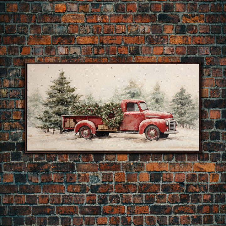 Christmas Tree Delivery - Framed Canvas Print - Vintage Style Farmhouse Christmas Decor Wall Art - Retro 1950s Truck Christmas Art
