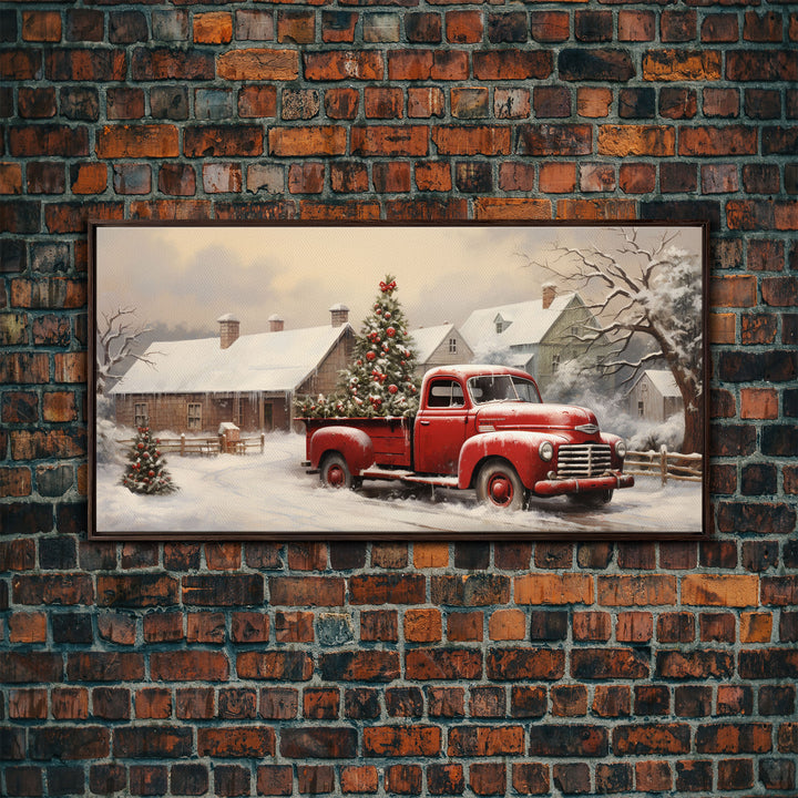 Vintage 1950s Red Truck Delivering Christmas Trees In The Snow - Framed Canvas Print - Farmhouse Christmas Decor - Retro Christmas