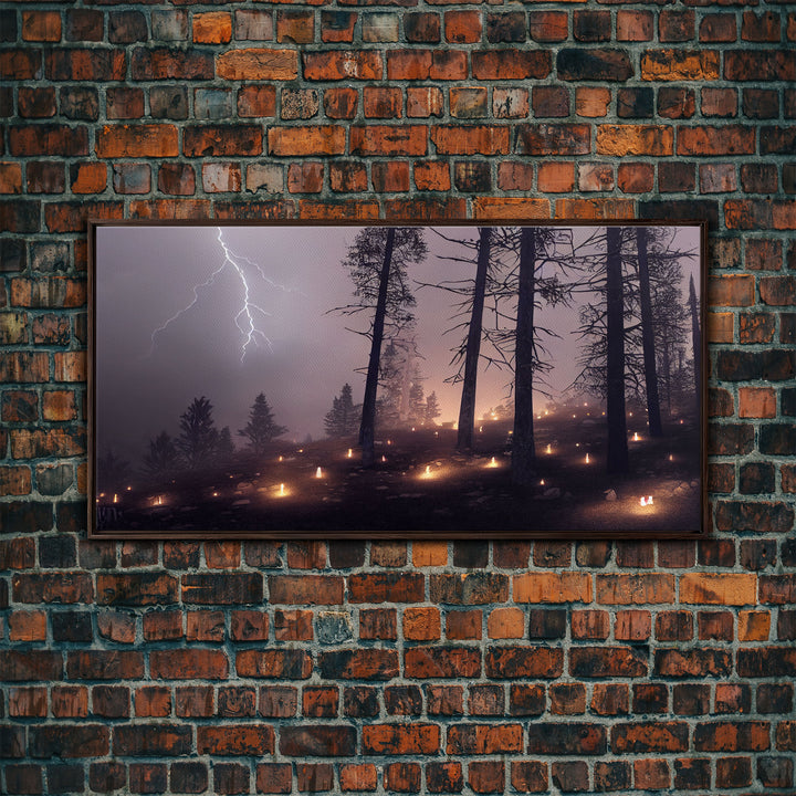 Haunted Gloomy Graveyard At Night, Thunder Storm, Halloween Cemetery Art, ready to hang canvas print wall art, Lightning Art