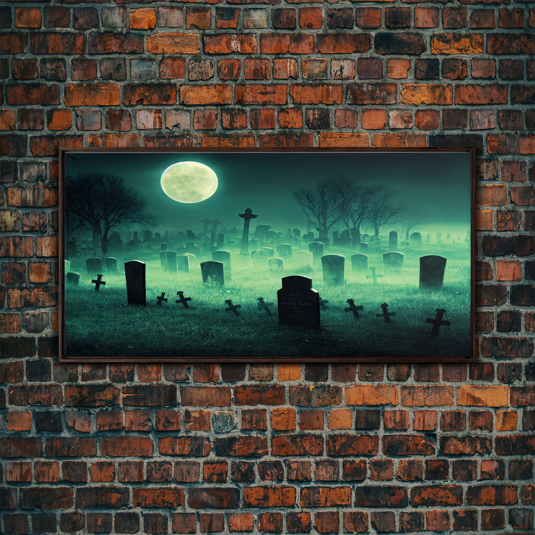 Halloween Cemetery At Night, Full Moon, Spooky Creepy Graveyard, ready to hang canvas print wall art