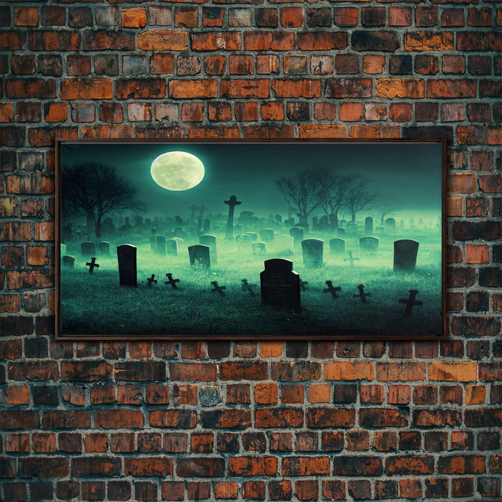 Halloween Cemetery At Night, Full Moon, Spooky Creepy Graveyard, ready to hang canvas print wall art