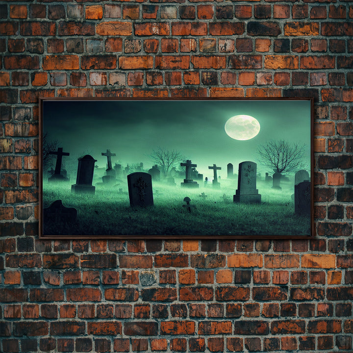 Full Moon Over A Haunted Cemetery At Night, Spooky Creepy Graveyard, ready to hang canvas print wall art, Halloween Art