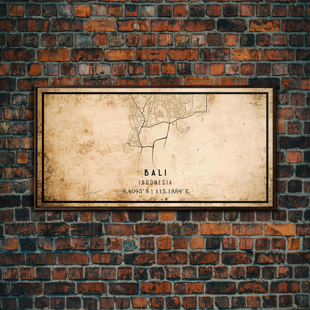 Vintage Bali Indonesia City Map Wall Art Canvas Print, Distressed Style Bali Map, Framed Wall Art, Cool Bali Travel Wall Art, Office Art