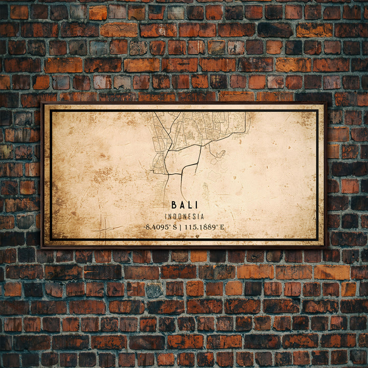 Vintage Bali Indonesia City Map Wall Art Canvas Print, Distressed Style Bali Map, Framed Wall Art, Cool Bali Travel Wall Art, Office Art