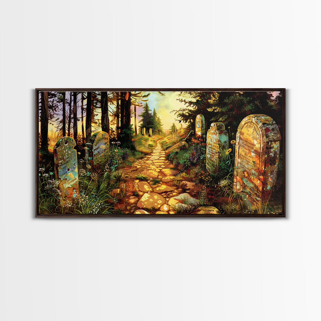 Haunted Cemetery In The Springtime, Framed Canvas Print, Colorful Halloween Decor, Halloween Wall Art