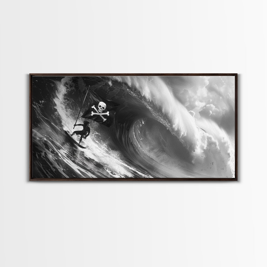 Pirate Surf - Framed Canvas Print - Black & White Photography Style Wall Art - Skull and Cross Bones Wall Art - Manly Decor - Mancave