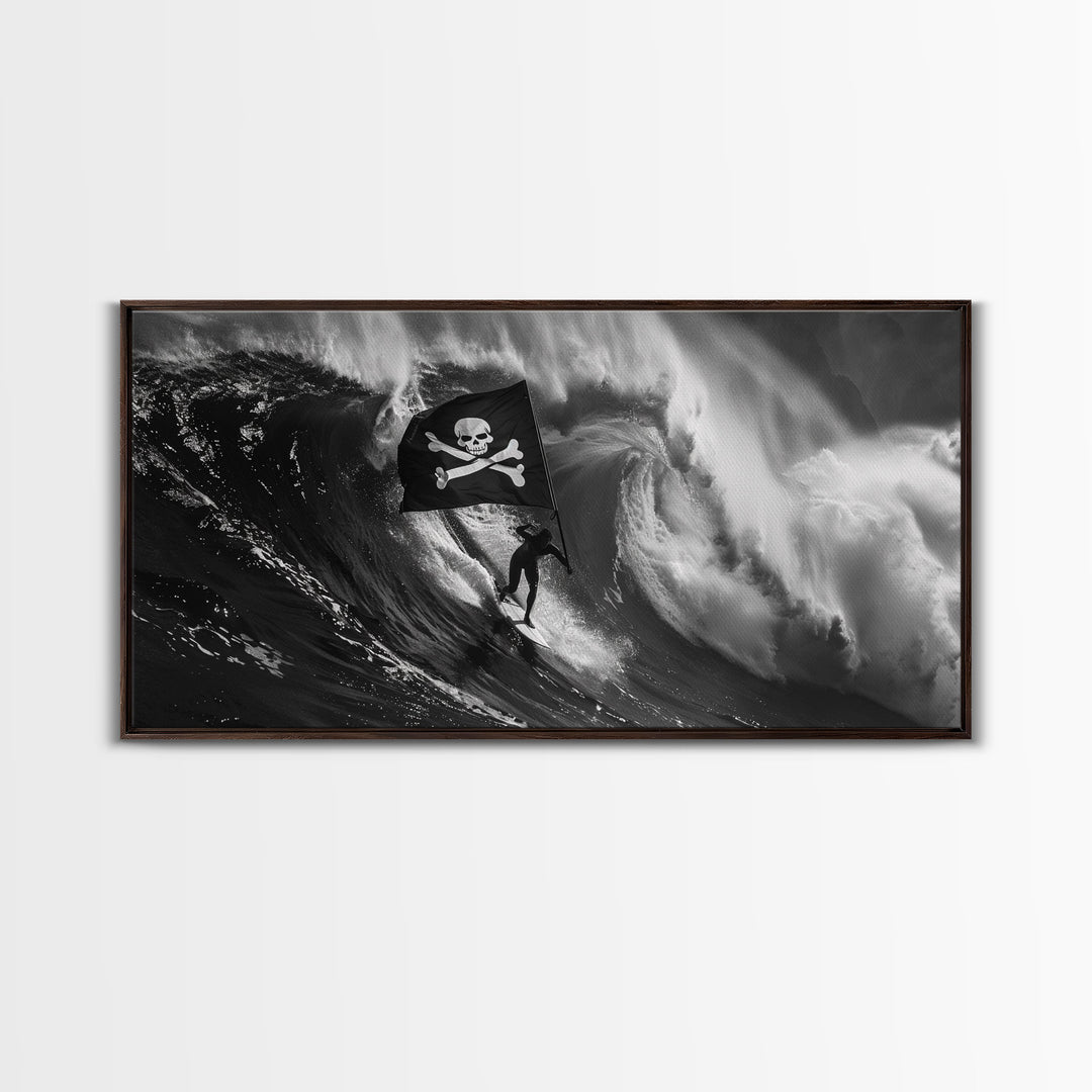 Surfer Waving A Skull and Crossbones Flag While Surfing - Framed Canvas Print - Cool Modern Art - Office / Mancave Decor Gift For Him