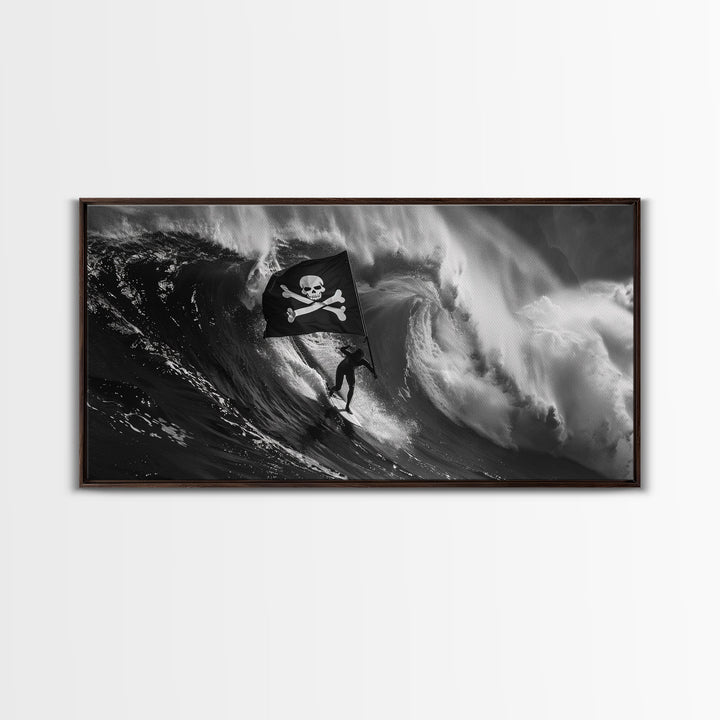 Surfer Waving A Skull and Crossbones Flag While Surfing - Framed Canvas Print - Cool Modern Art - Office / Mancave Decor Gift For Him