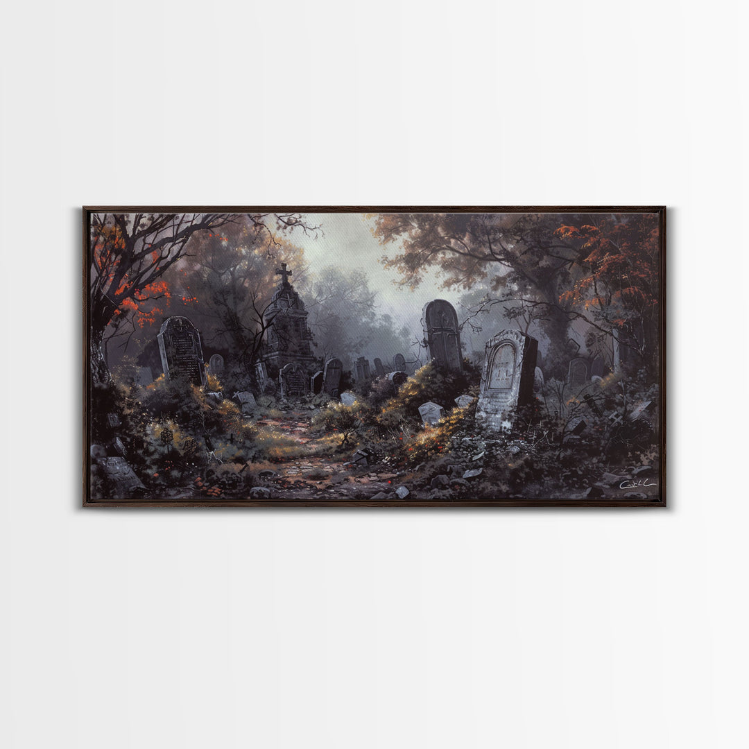 Haunted Cemetery Halloween Prop Framed Canvas Print | Spooky Season | Spooky Wall Art | Halloween Decor | Creepy Art Prints