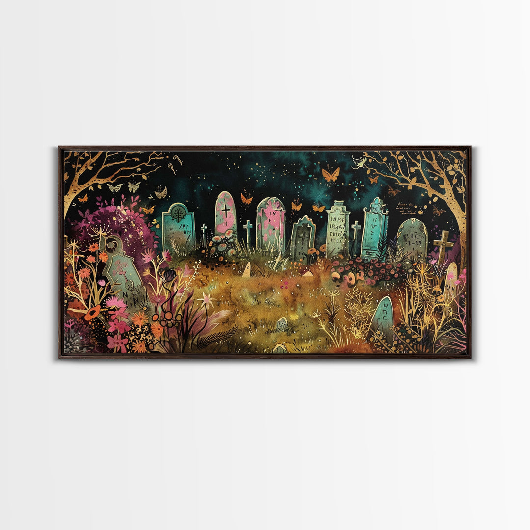 Colorful Haunted Grave Yard In The Spring Time, Framed Canvas Print, Spooky Wall Art, Halloween Spooky Season Decor