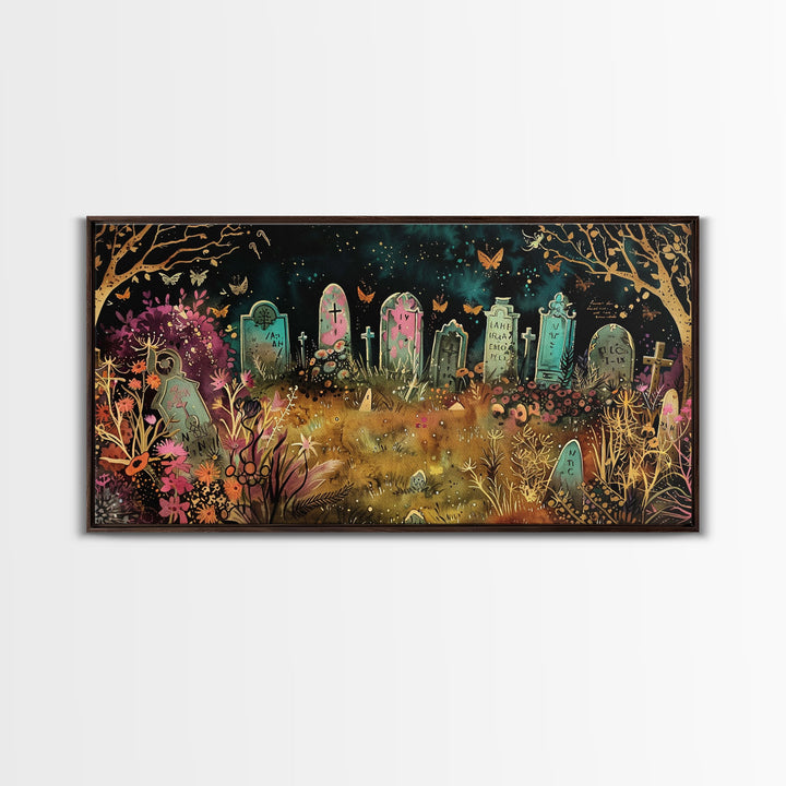 Colorful Haunted Grave Yard In The Spring Time, Framed Canvas Print, Spooky Wall Art, Halloween Spooky Season Decor