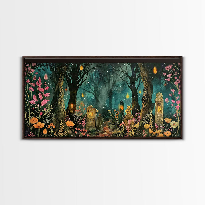 Haunted Cemetery In The Forest Framed Canvas Print, Halloween Decor, Halloween Prop Wall Art