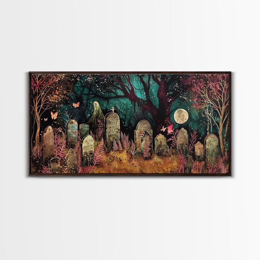 Spooky Cottagecore Mashup, Halloween Decor, Framed Canvas Print, Haunted Grave Yard Halloween Prop