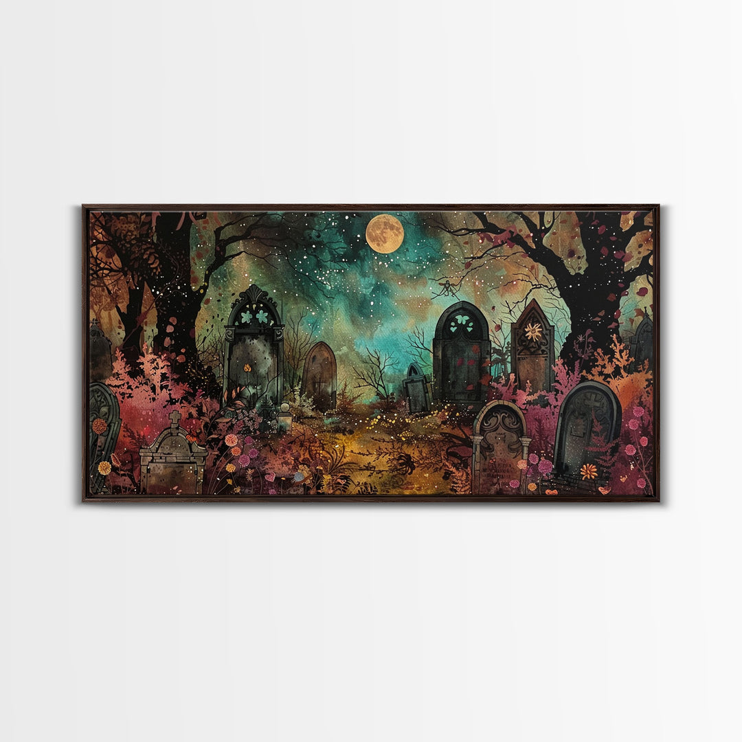 Spooky Cottagecore Mashup, Halloween Decor, Framed Canvas Print, Haunted Grave Yard Halloween Prop