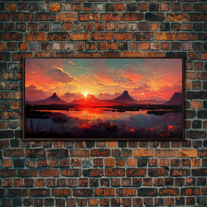 Mountain and Lake Sunset Wall Art Oil Painting On Canvas, Canvas Print, Ready to hang gallery wrapped nature framed canvas print, lake life