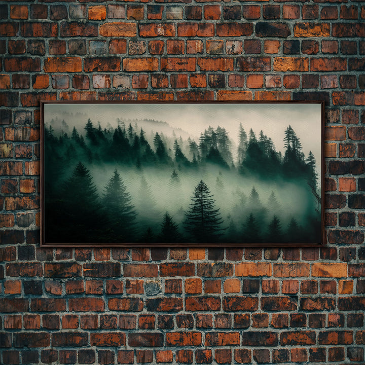 Framed Canvas Print, Pine Tree Forest, Misty Forest Landscape, Fog Covered Mountain, Nature Landscape Decor