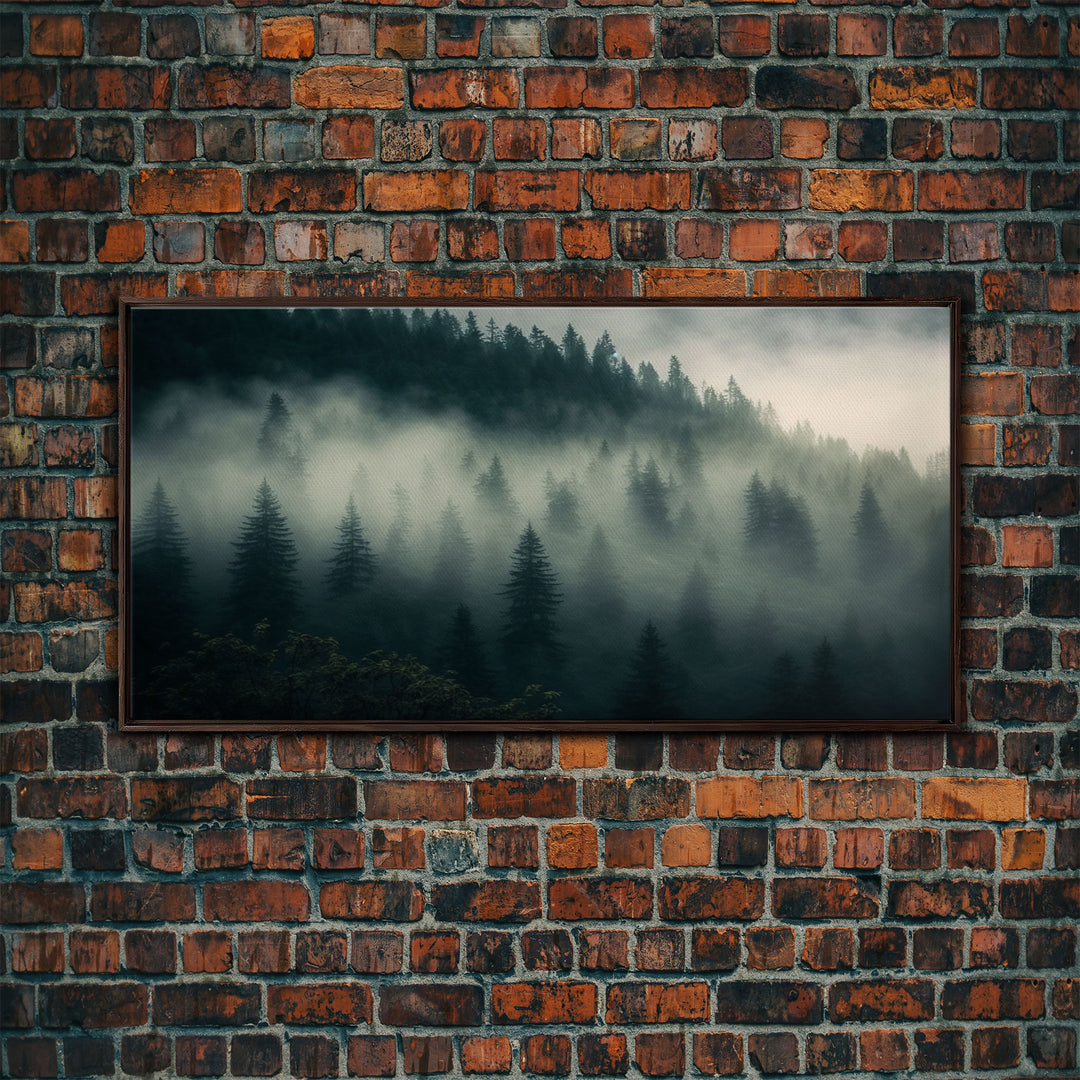 Foggy pine forest, Canadian forest art, framed canvas print, farmhouse decor, misty forst landscape