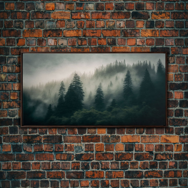 Morning fog over a mountain forest, framed canvas print, foggy pine tree landscape, framed wall art, misty mountain landscape art
