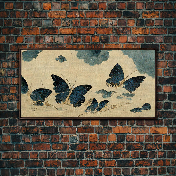 Retro Japanese Style Butterflies Wall Art, Framed Canvas Print, Framed Wall Art, Blue butterfly Art