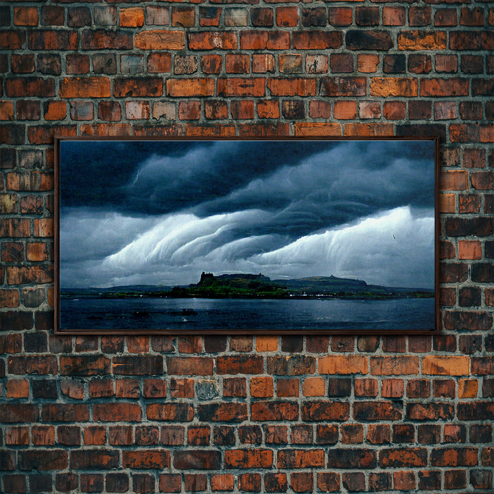 Rainstorm wall art, canvas print, ready to hang, fast moving storm over an island castle, cool wall art