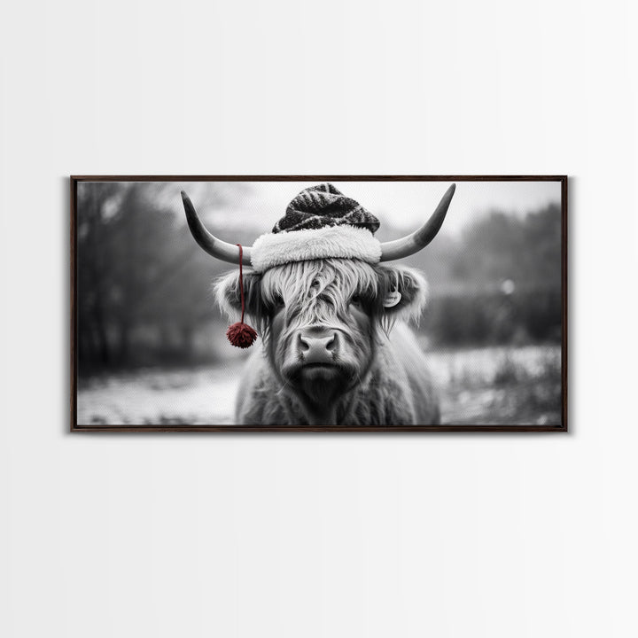 Highland Cow Wearing Santa Hat, Festive and Fun Framed Canvas Print for Holiday Wall Art, Living Room or Bedroom Decor