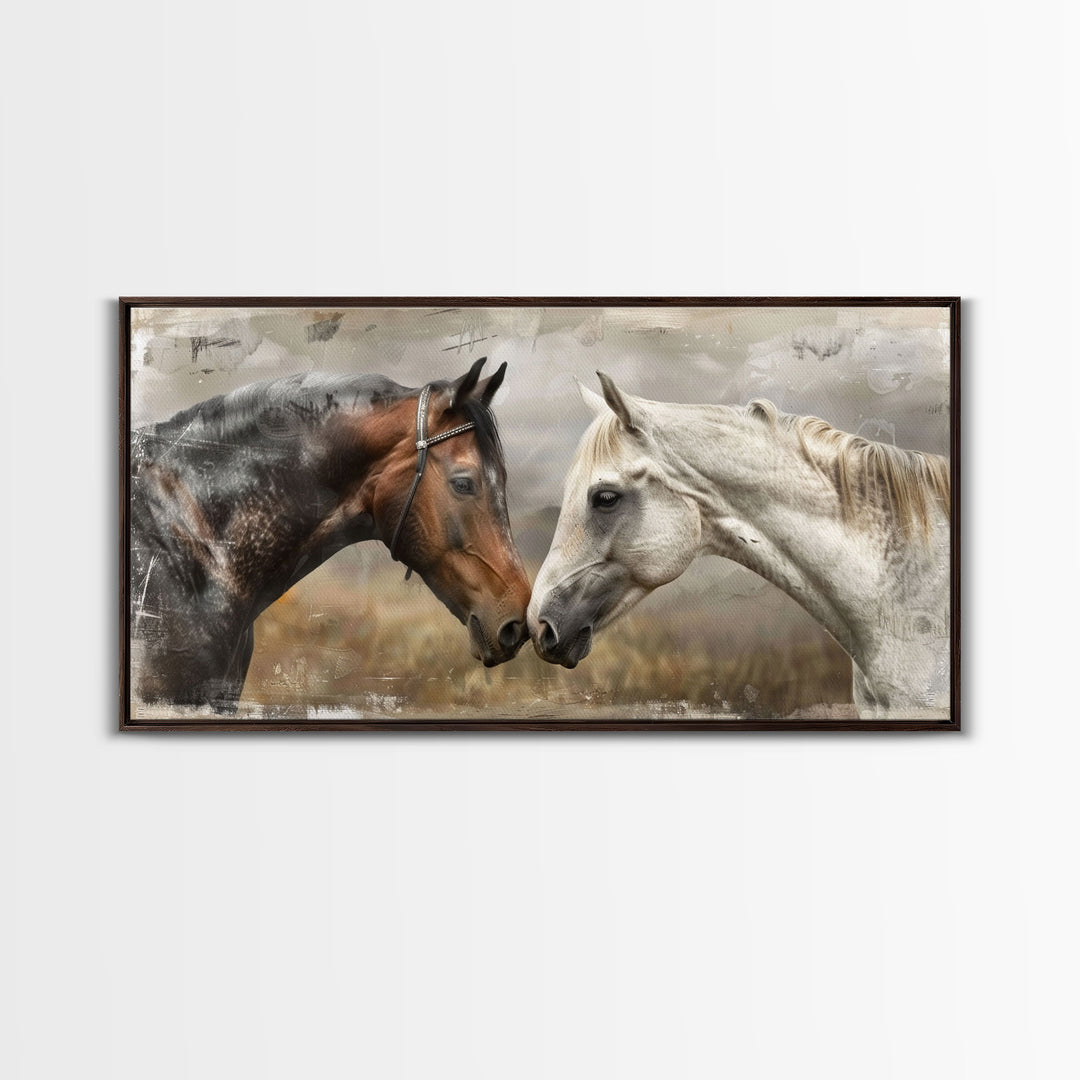 Black and White Horses, Framed Canvas Print for Elegant Living Room Decor, Equine Art for Home and Bedroom Decoration