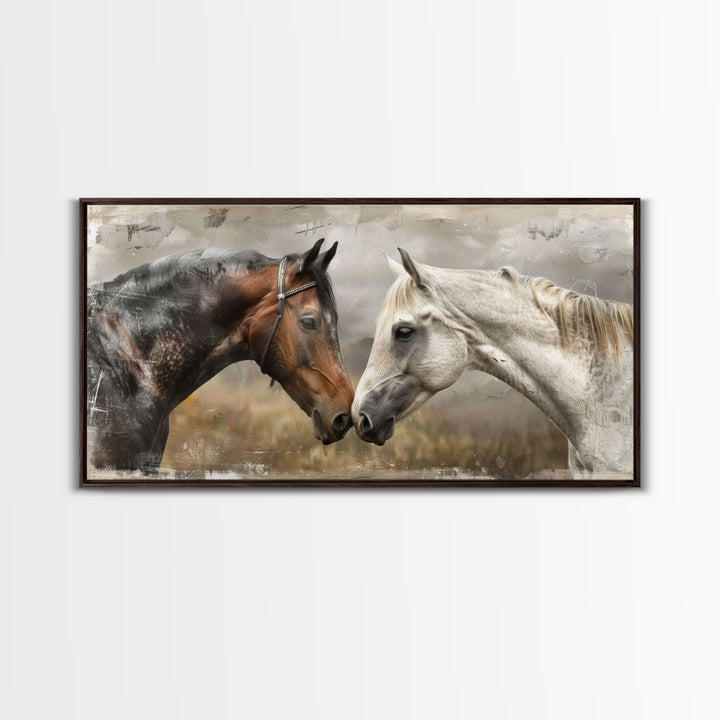 Black and White Horses, Framed Canvas Print for Elegant Living Room Decor, Equine Art for Home and Bedroom Decoration