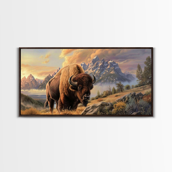Powerful Bison in Mountain Valley, Framed Canvas Print, Ideal for Living Room Art, Nature Inspired Wall Art, Bedroom Decoration