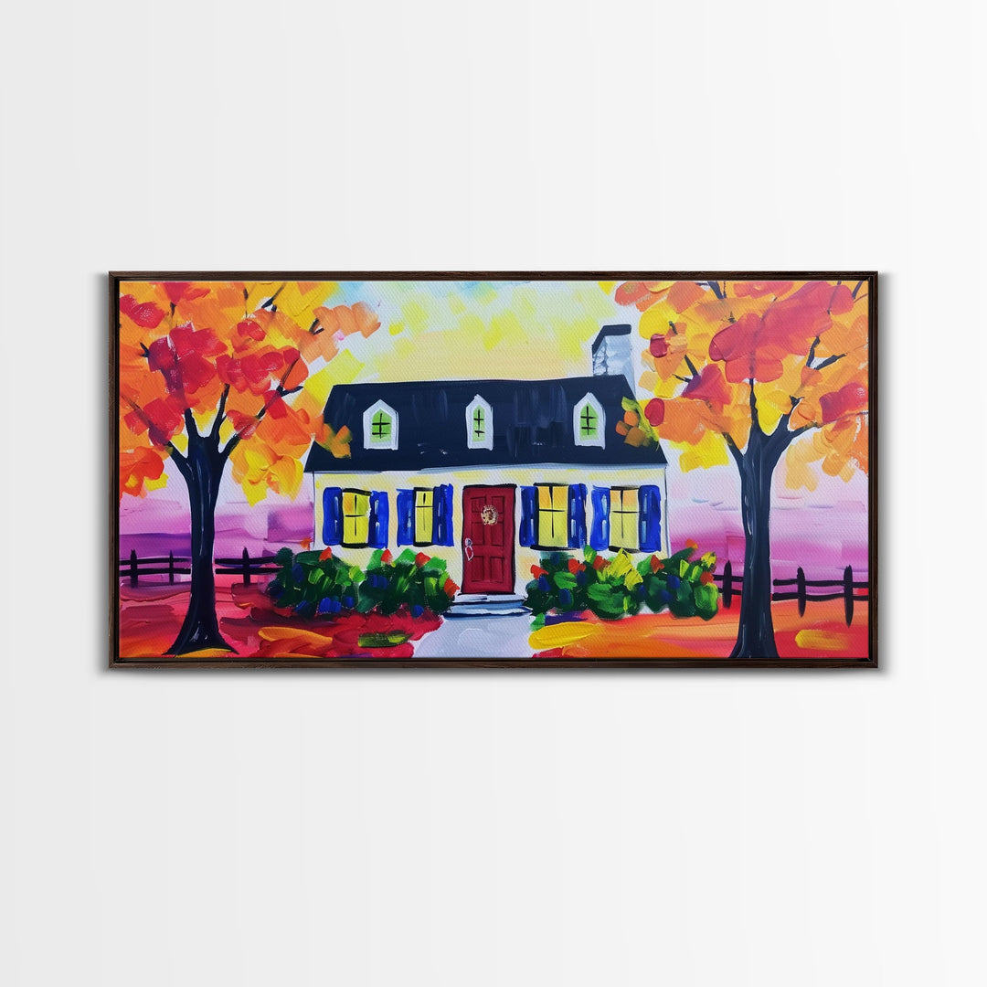Cozy Cottage in Autumn, Framed Canvas Print, Ideal for Living Room Art, Rustic Home Decor, Charming Bedroom Wall Art