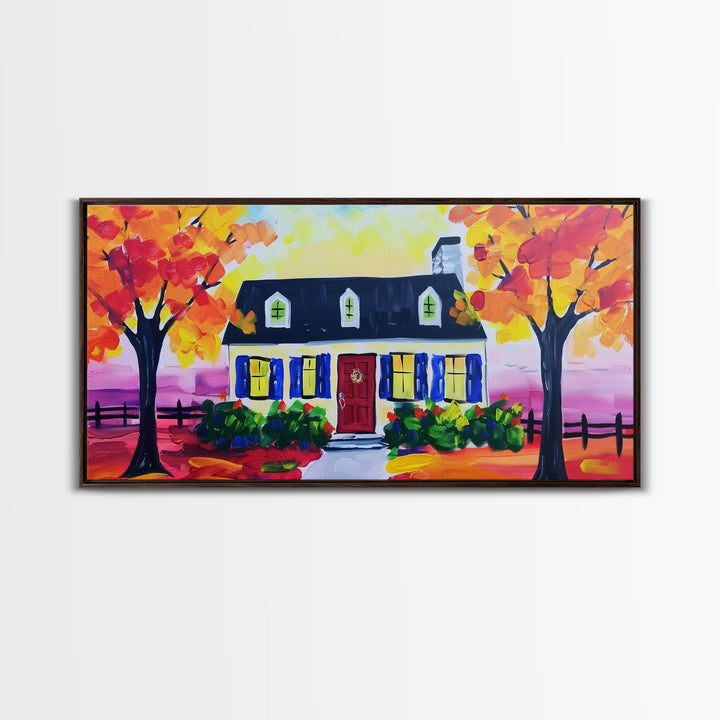 Cozy Cottage in Autumn, Framed Canvas Print, Ideal for Living Room Art, Rustic Home Decor, Charming Bedroom Wall Art