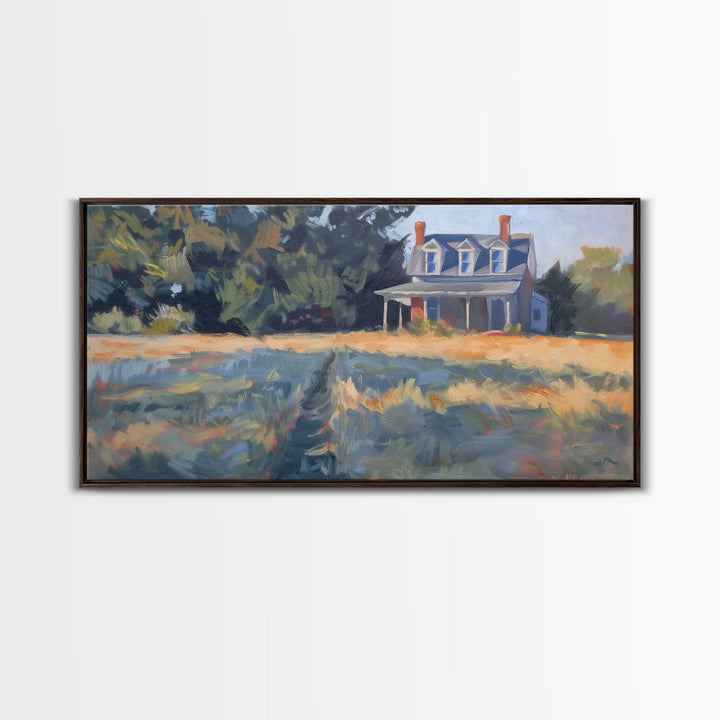 Serene Farmhouse at Dusk, Framed Canvas Print, Great for Living Room Art, Country Home Decor, Relaxing Bedroom Wall Art